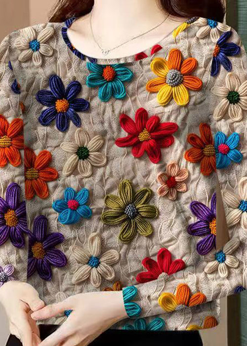 Khaki O Neck Patchwork Cotton T Shirt Fall