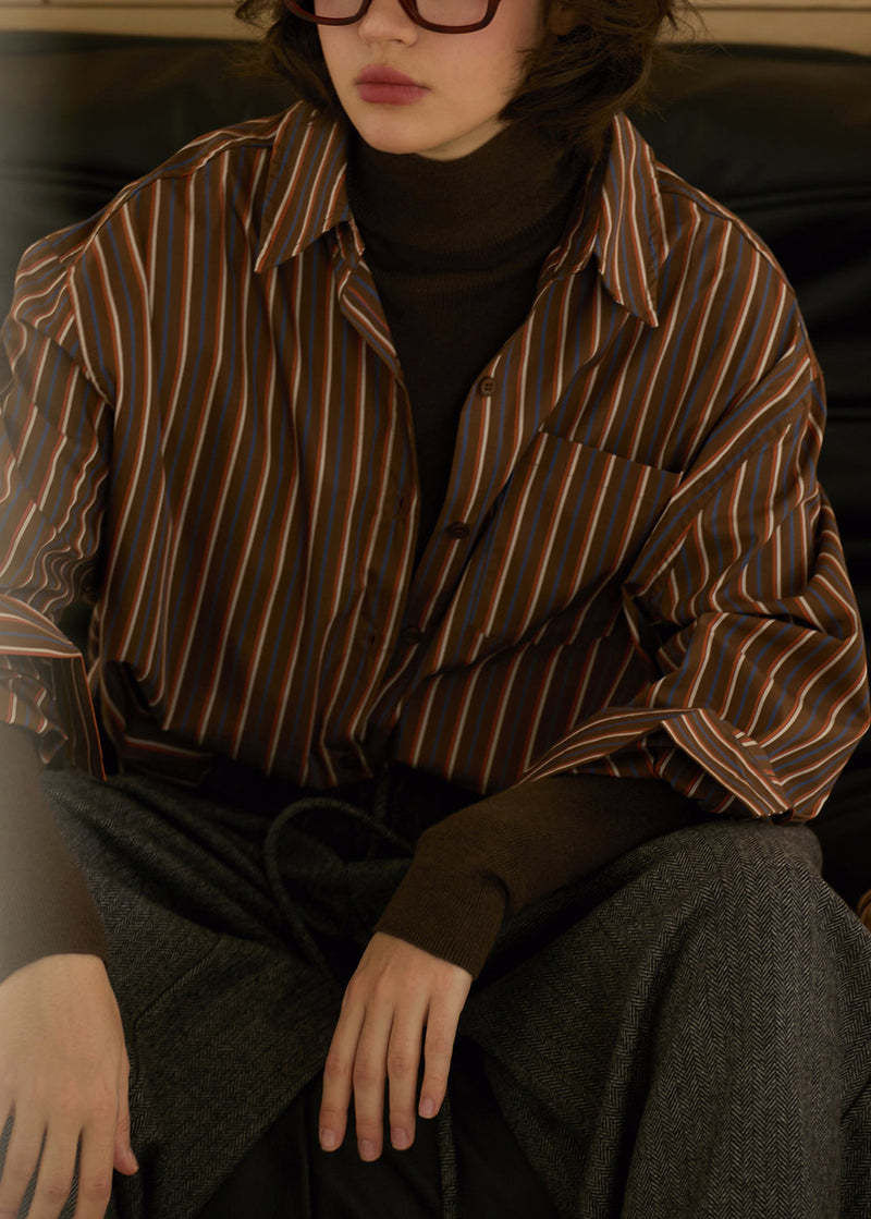 Coffee Peter Pan Collar Striped Cotton Shirt Top Fall