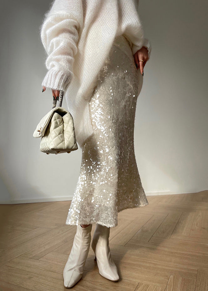 White Sequins High Waist High Waist Fishtail Skirts Spring