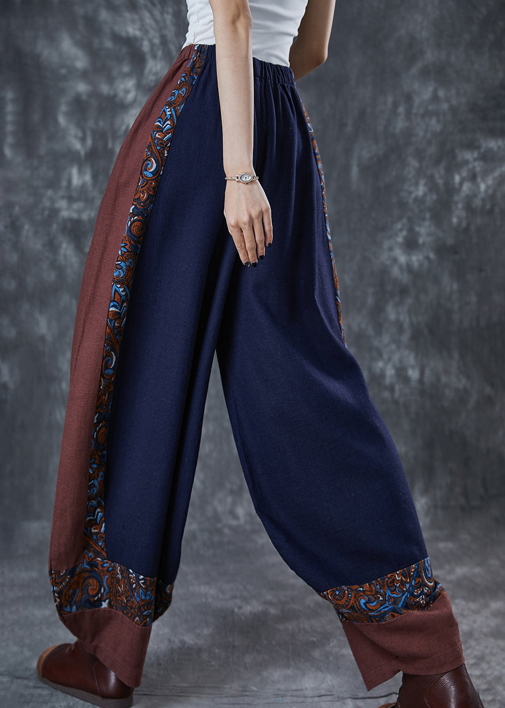 Style Navy Oversized Patchwork Cotton Pants Summer