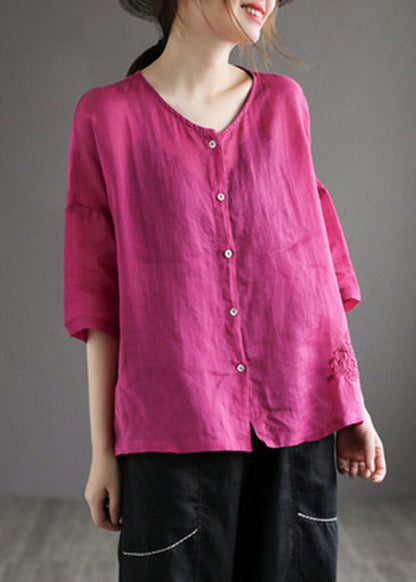 Classy Coffee O-neck Embroidered Button Linen Shirt Half Sleeve