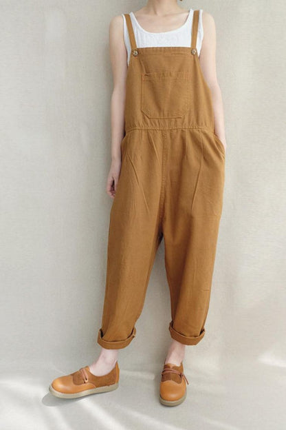 Leisure Cotton Jumpsuits Comfortable Dungarees Wide Leg Pants Overalls With Pockets
