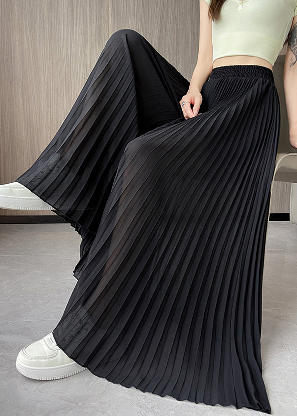 Black Chiffon Summer Wide Leg Pants Elastic Waist
