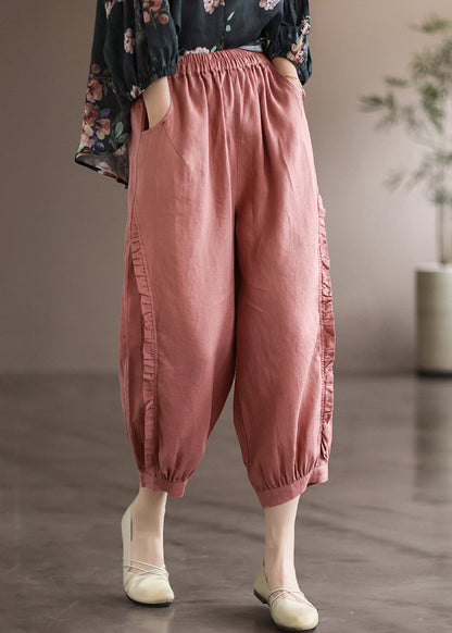 Pink Pockets Linen Crop Pants Elastic Waist