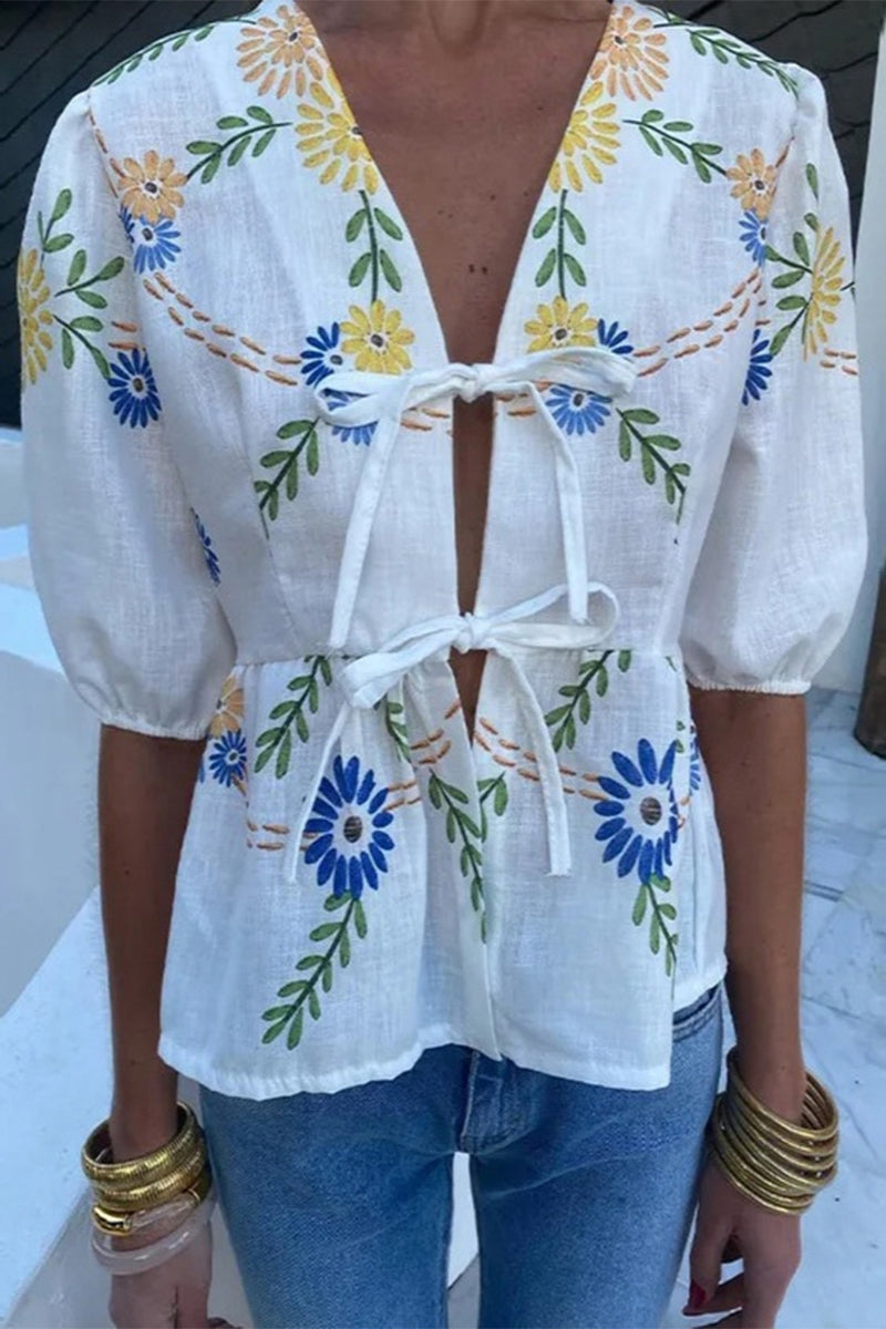 Print Flowers Frenulum V Neck Tops