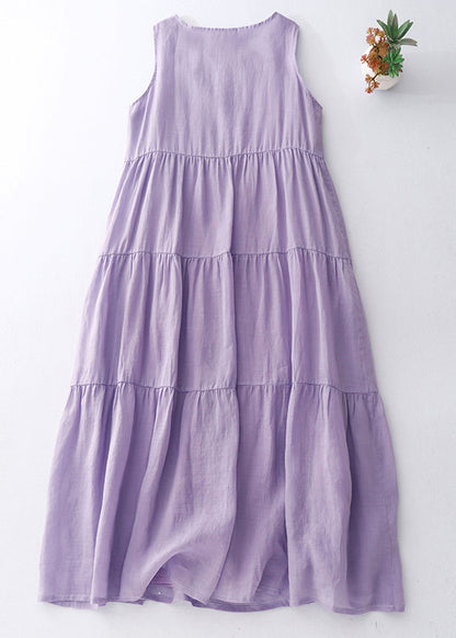 Simple Purple O-neck Cotton Long Dresses Sleeveless
