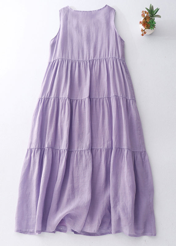 Simple Purple O-neck Cotton Long Dresses Sleeveless