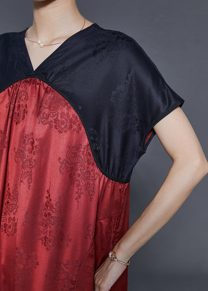 Red V Neck Patchwork Silk Dresses Summer