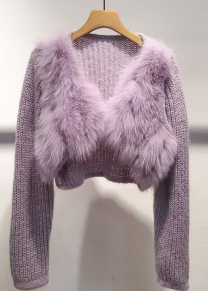 Purple V Neck Patchwork Cotton Knit Sweater Winter