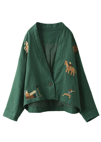 Loose Green V Neck Coats Long Sleeve
