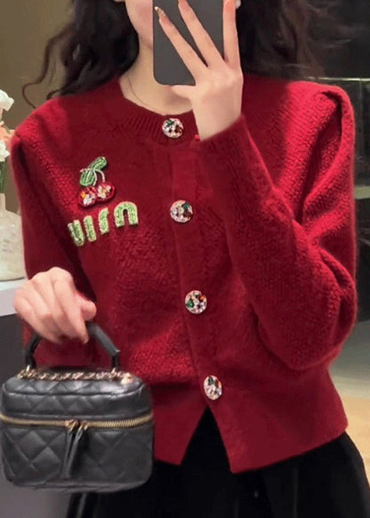 New Red O Neck Button Knit Cardigan Spring