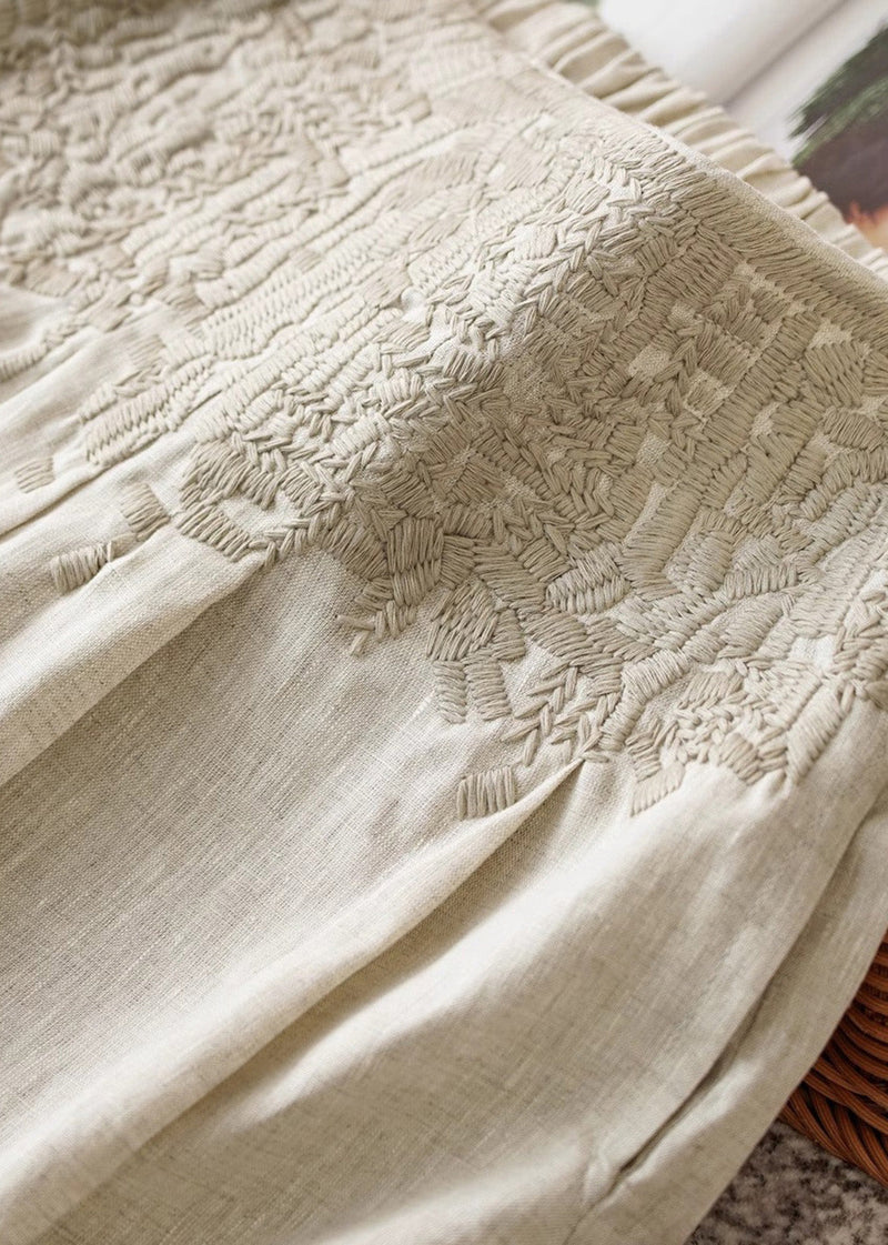 Apricot High Waist Embroidered Linen Wide Leg Pants Fall