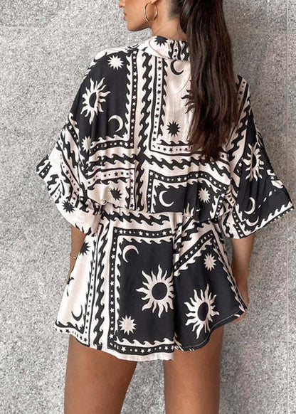 New Black Peter Pan Collar Geometric Print Cotton Jumpsuit Summer