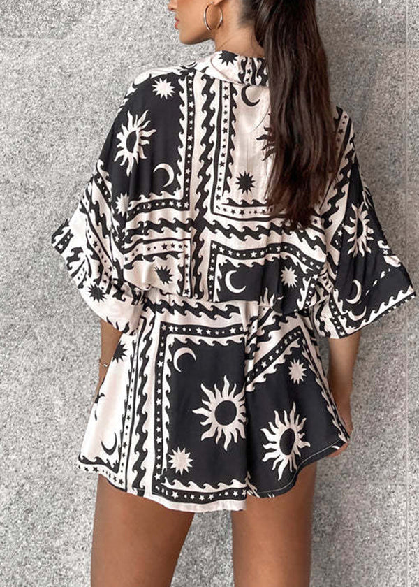 New Black Peter Pan Collar Geometric Print Cotton Jumpsuit Summer