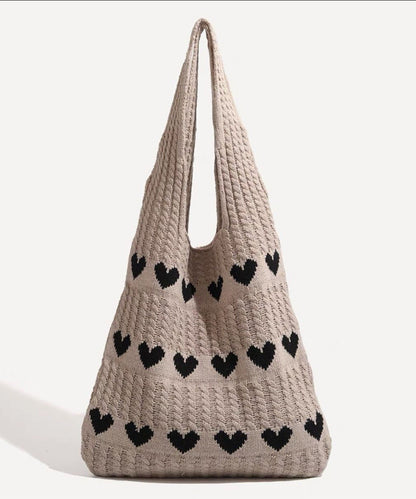 Minimally Khaki Hollowed Out Heart Knitted Shoulder Bag