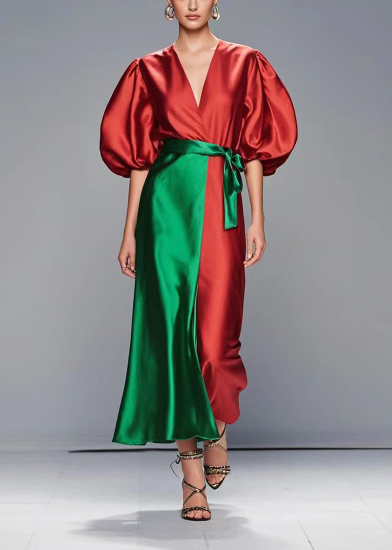 Red Puff Sleeve Patchwork Silk Robe Dresses