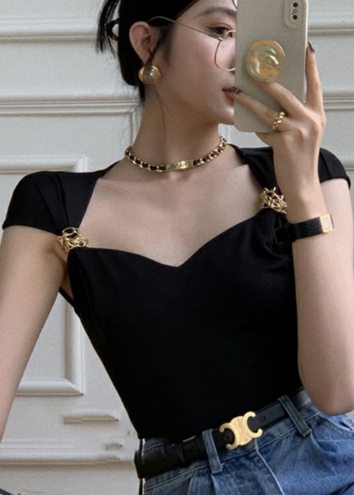 French Black Square Collar Short Top for Summer