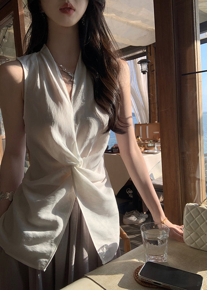 White V Neck Front Open Cotton Blouses Sleeveless