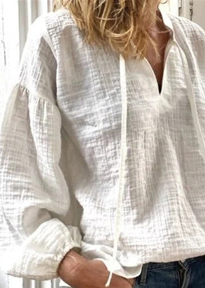 Loose White V Neck Lace Up Linen Blouses Long Sleeve