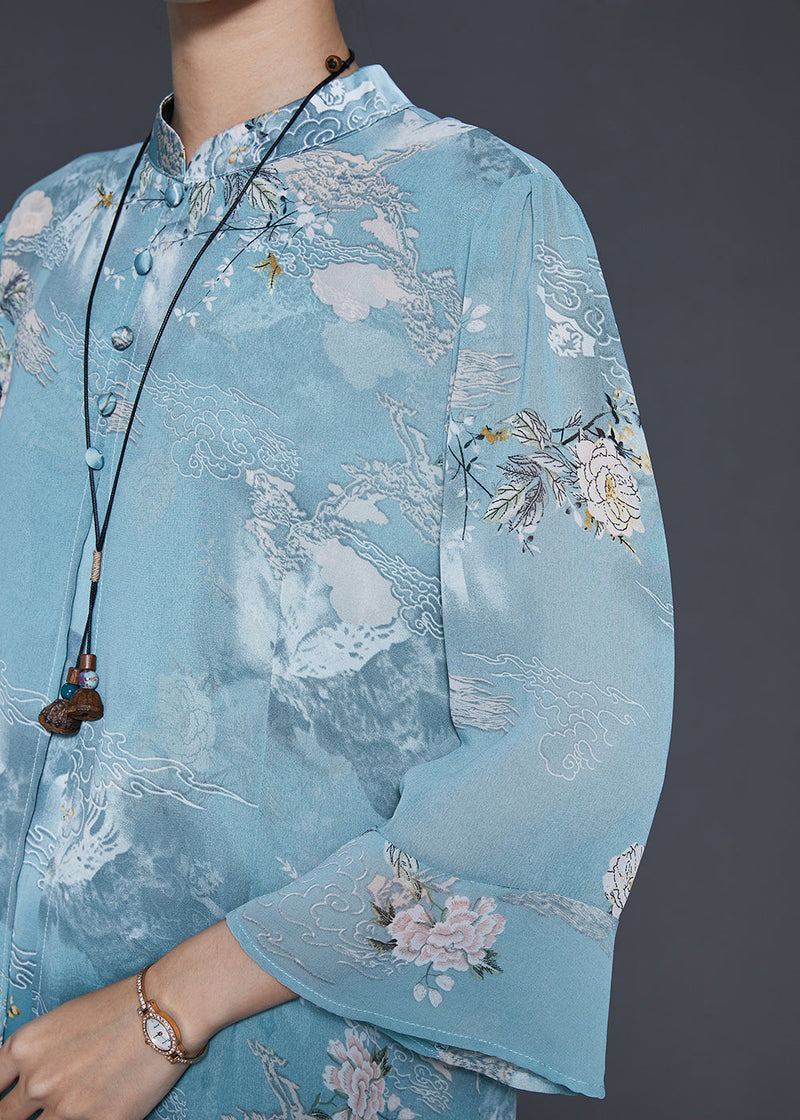 French Blue Mandarin Collar Print Chiffon Dresses Summer