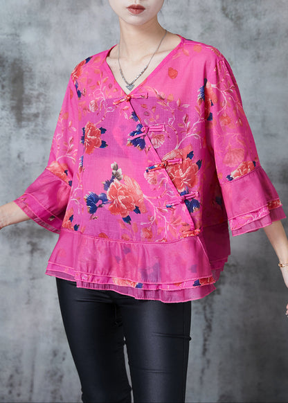 Rose Print Cotton Oriental Blouse Tops Spring
