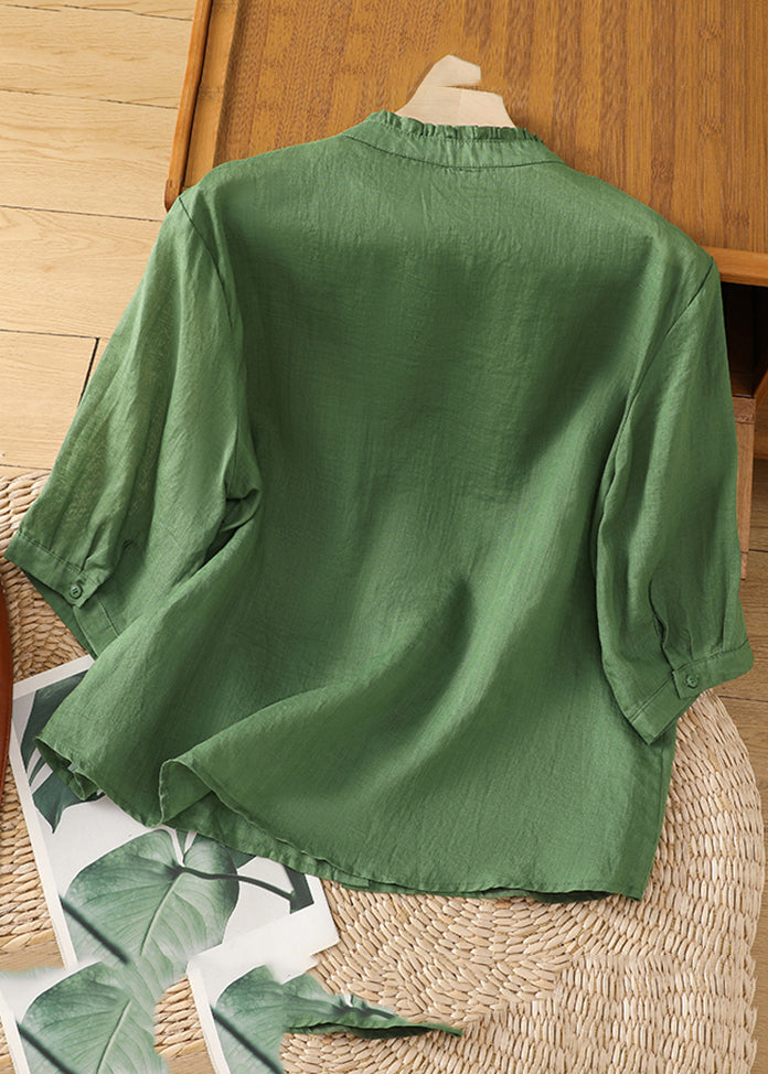 Green Stand Collar Embroidered Shirts Summer