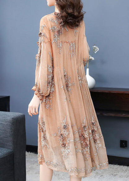Handmade Apricot V Neck Embroidered Silk Maxi Dress Long Sleeve