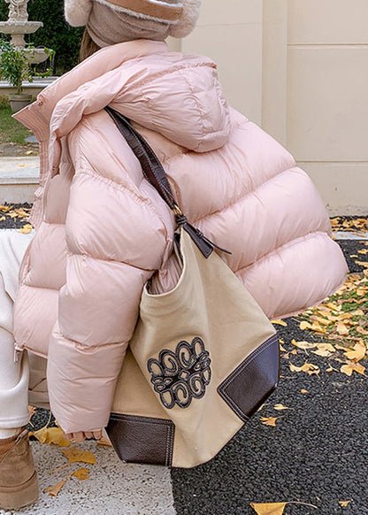 Pink Hooded Zippered Pockets Duck Down Down Coat Winter