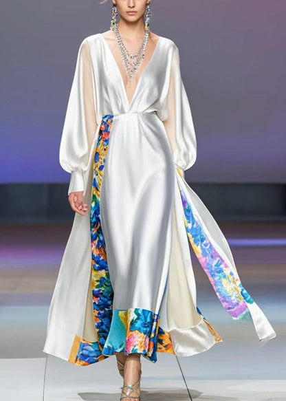 White Deep-v Neck Patchwork Print Silk Vacation Dress Fall