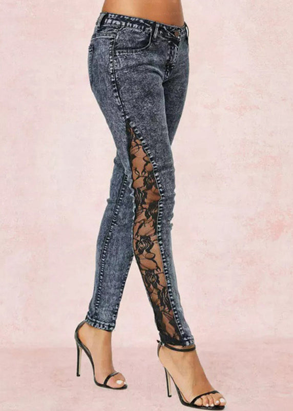 Grey Lace Patchwork Denim Crop Pants Summer