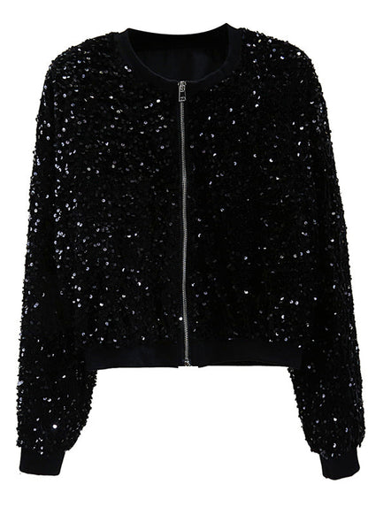 Stylish Black O-neck Patchwork Sequins Silk Velvet Coat Spring