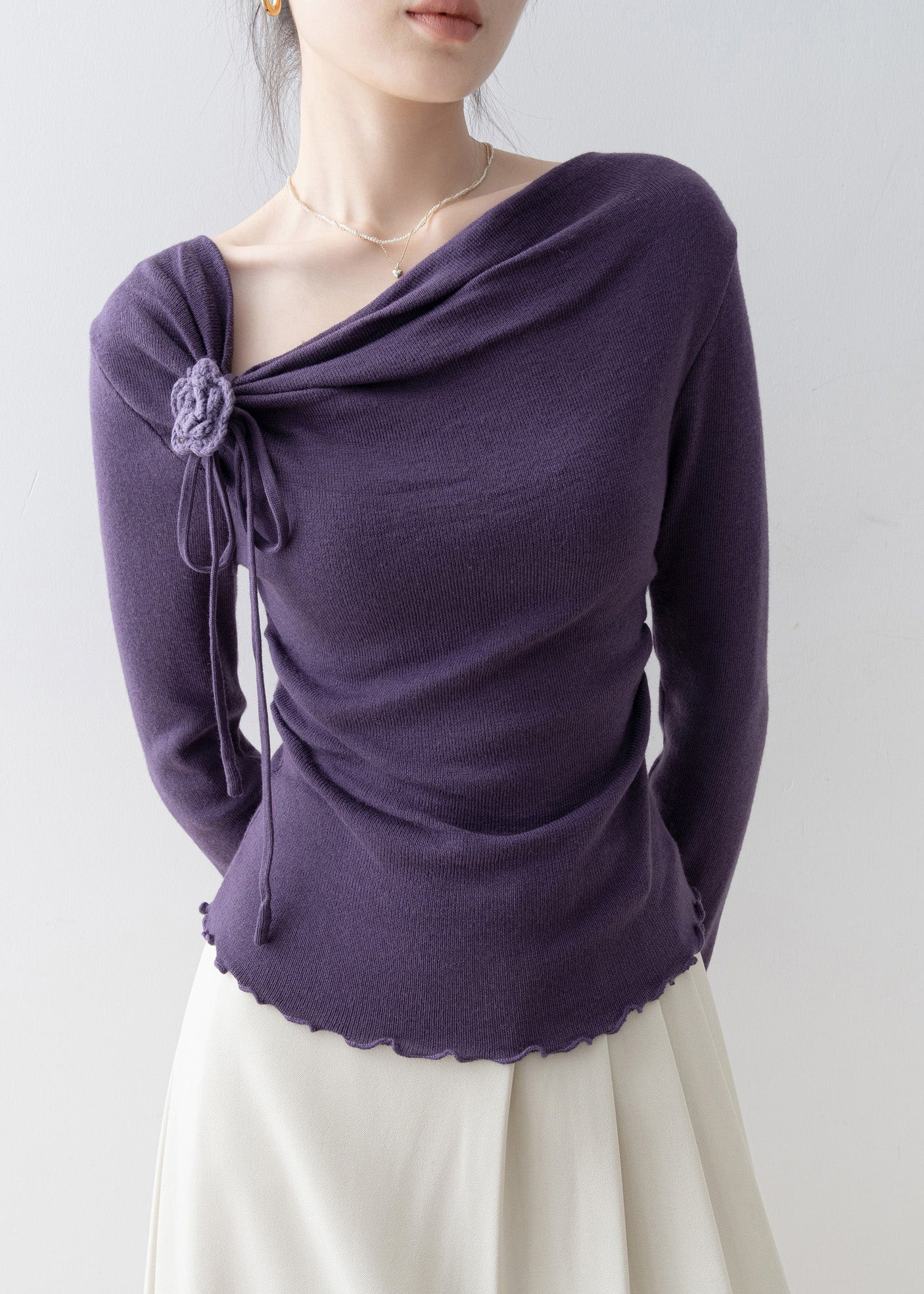 French Purple Slash Neck Ruffled Knit Top Spring