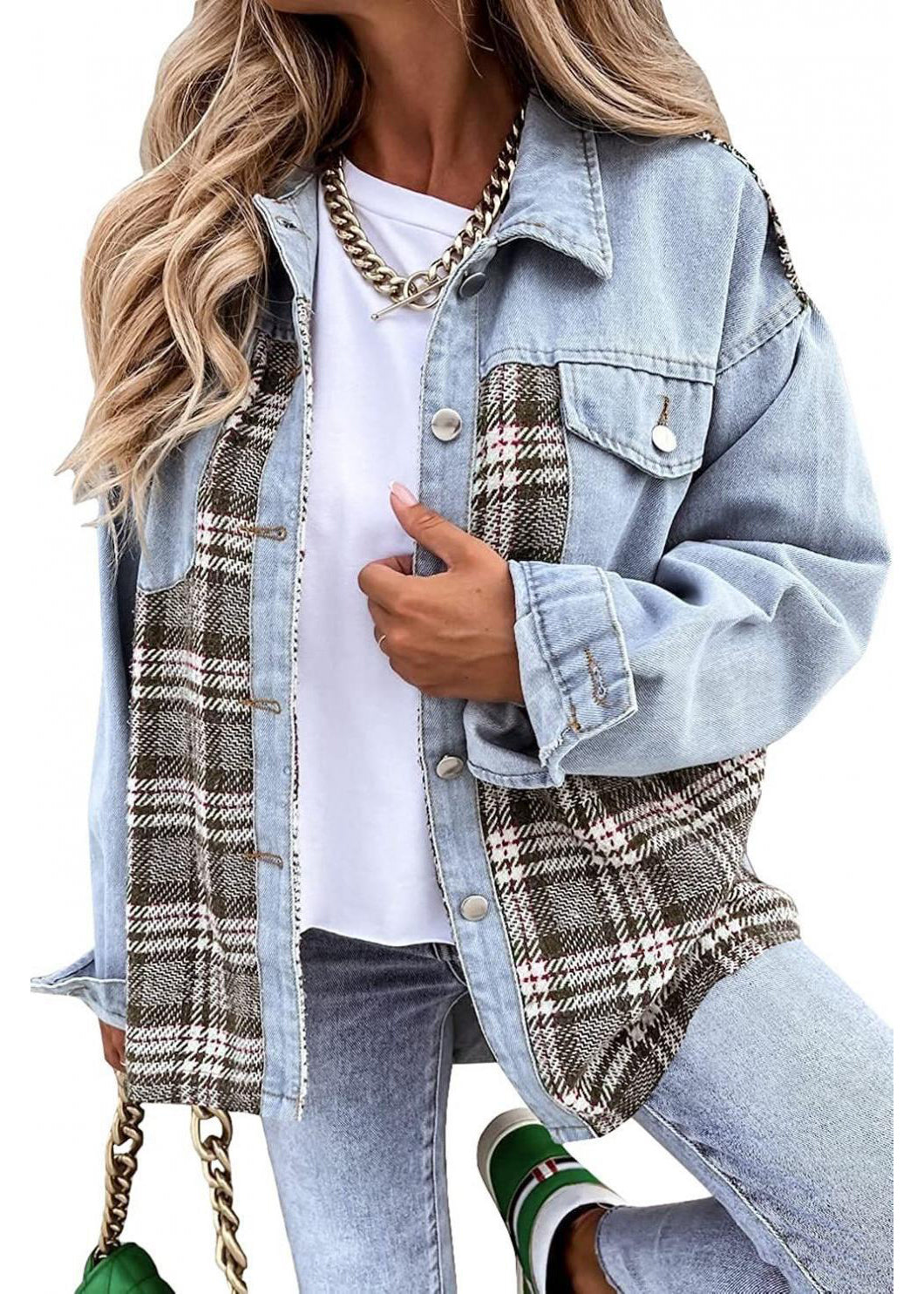 Loose Light Blue Peter Pan Collar Plaid Patchwork Denim Jackets Fall