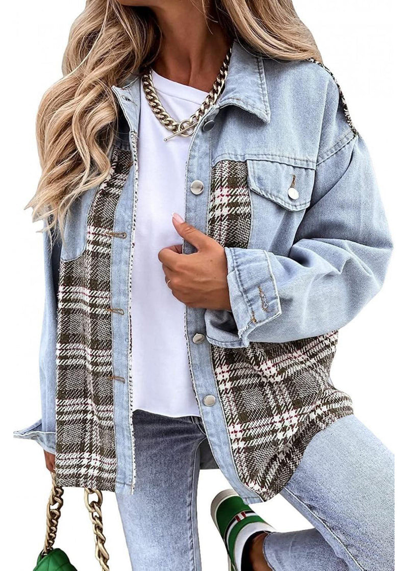 Loose Light Blue Peter Pan Collar Plaid Patchwork Denim Jackets Fall