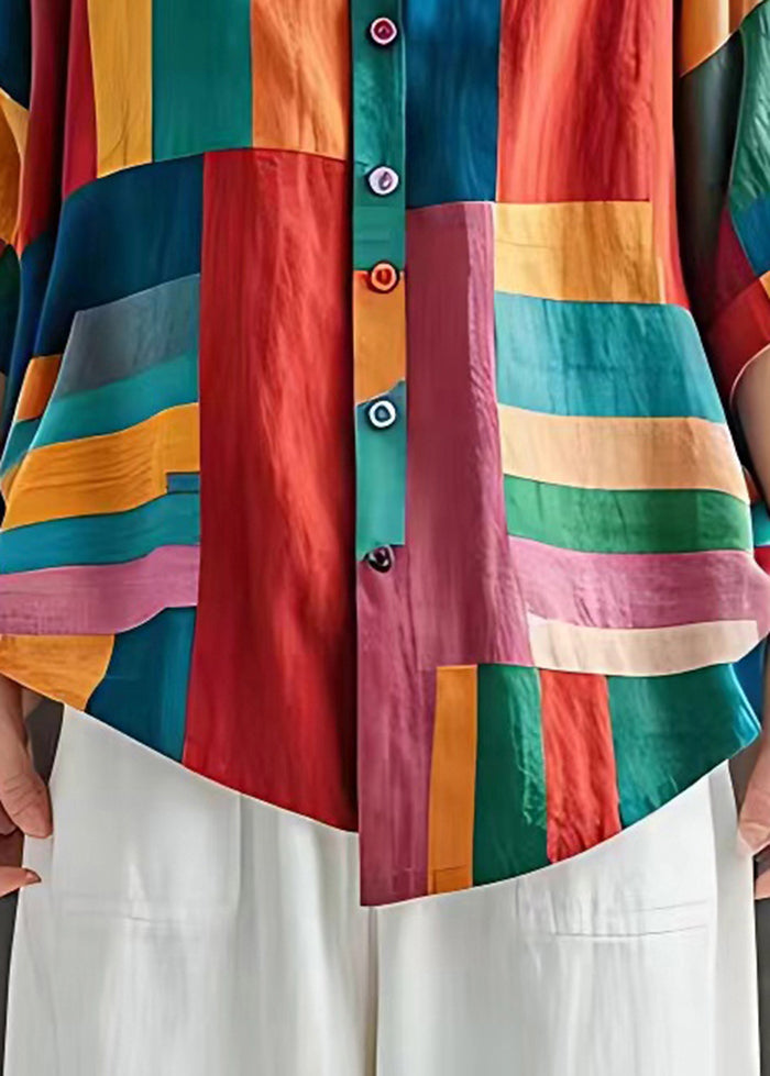 Colorblock V Neck Striped Linen Blouse Top Summer