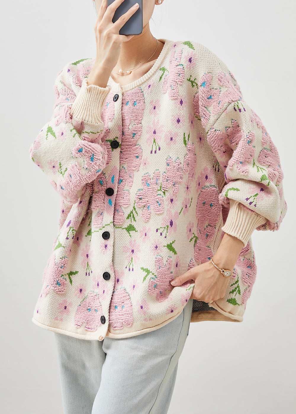 Light Pink Oversized Jacquard Knit Cardigans Winter