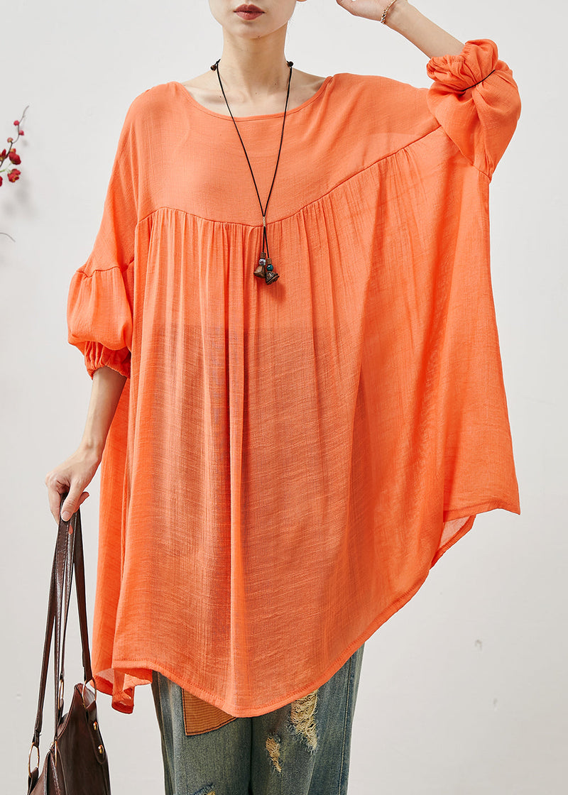 Orange Oversized Lace Up Cotton Tops Fall