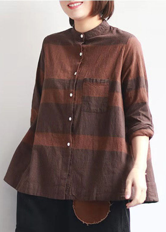 Stylish Black Grey Stand Collar Pocket Button Striped Shirts Spring
