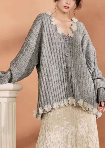 Grey Button Tulle Patchwork Cotton Knit Cardigan Winter
