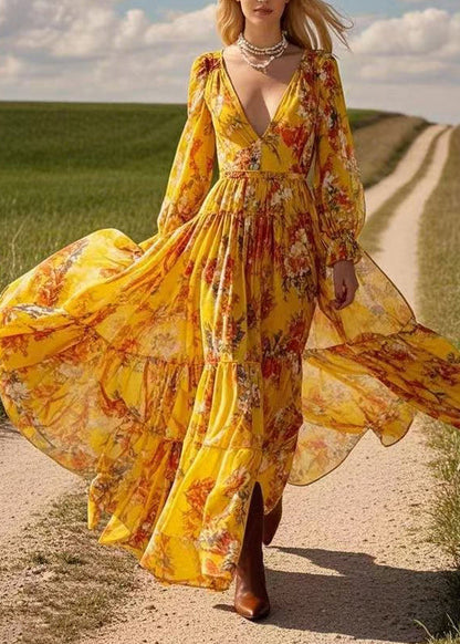 Yellow Patchwork Wrinkled Chiffon Maxi Dress Spring