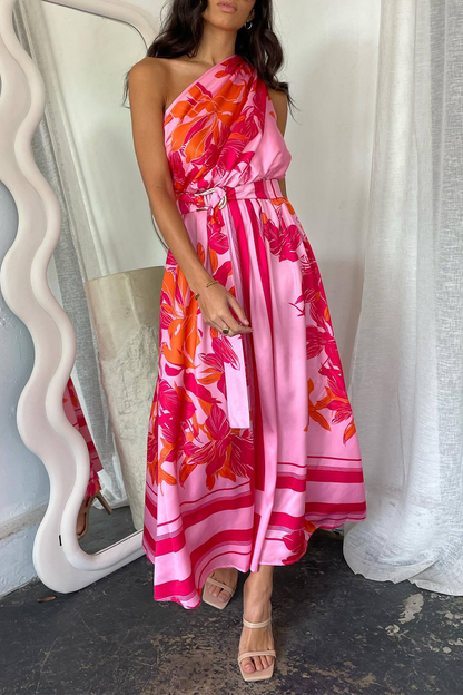Print With Belt Irregular Oblique Collar Irregular Dresses