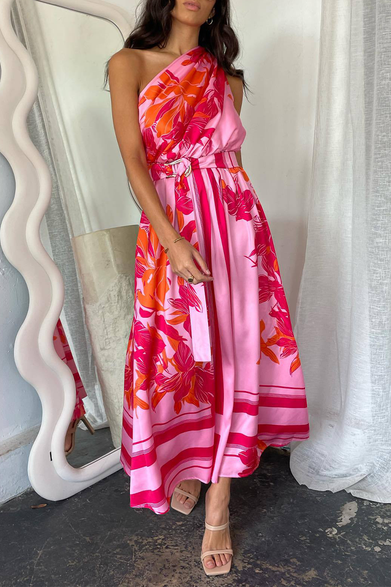 Print With Belt Irregular Oblique Collar Irregular Dresses