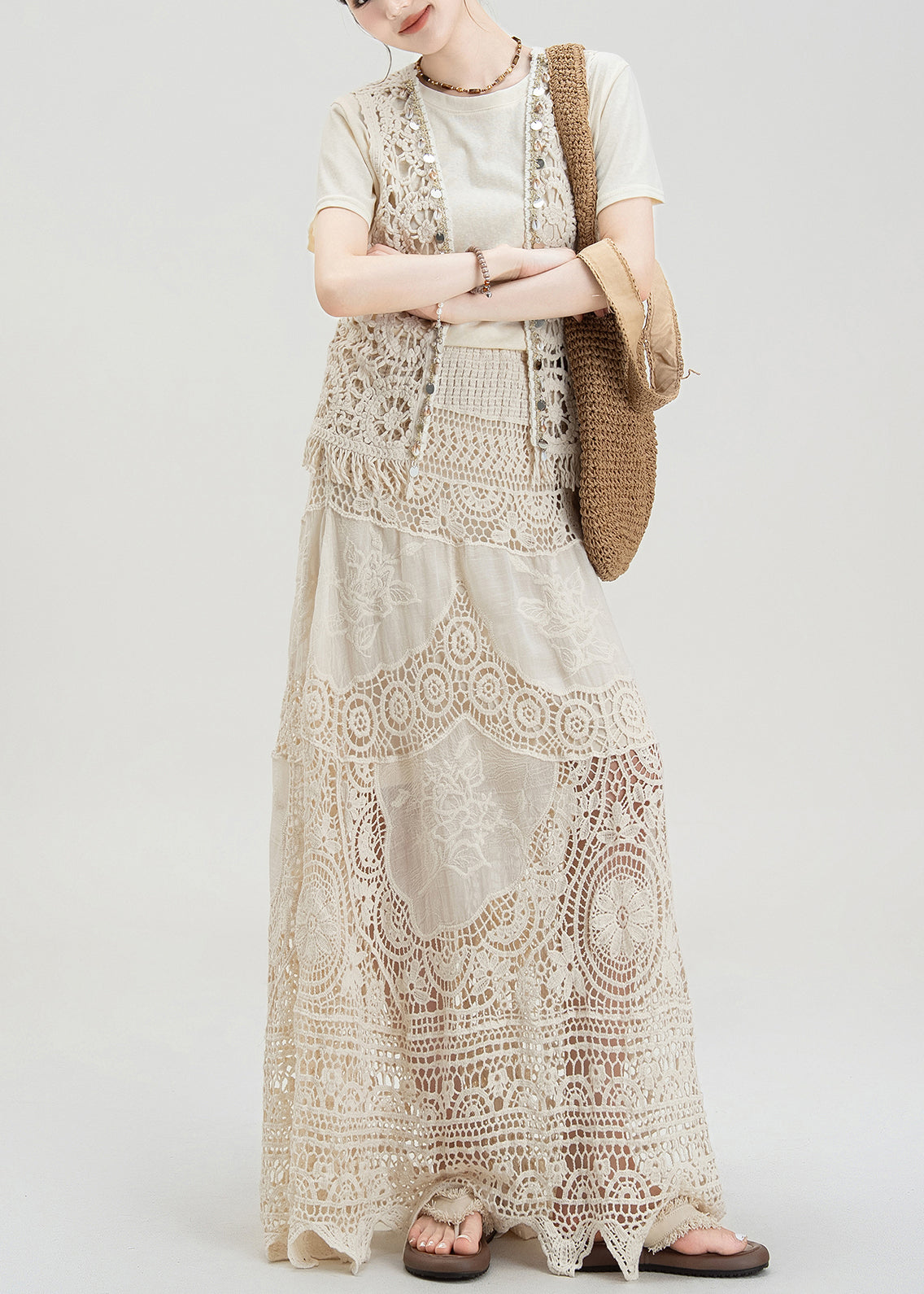 Apricot Hollow Hook Flower Vest T-shirt Skirt Set Summer