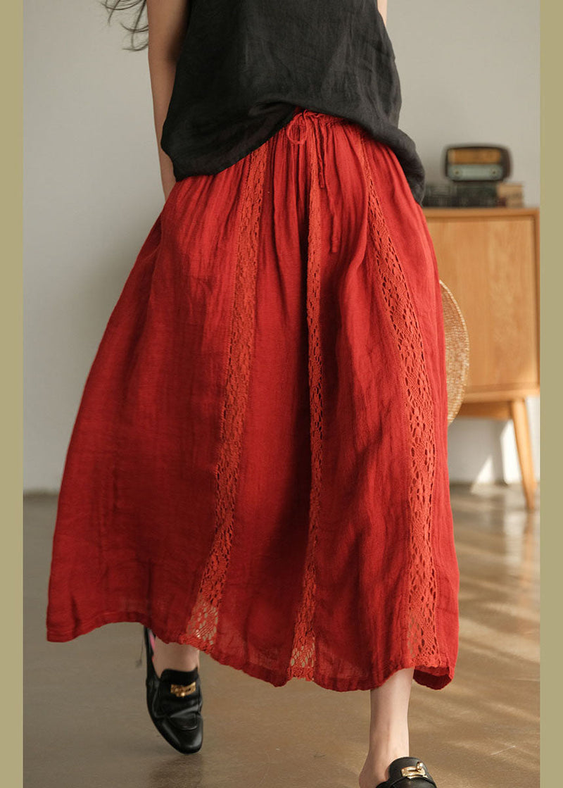 Simple Red Lace Patchwork Linen Skirt Spring