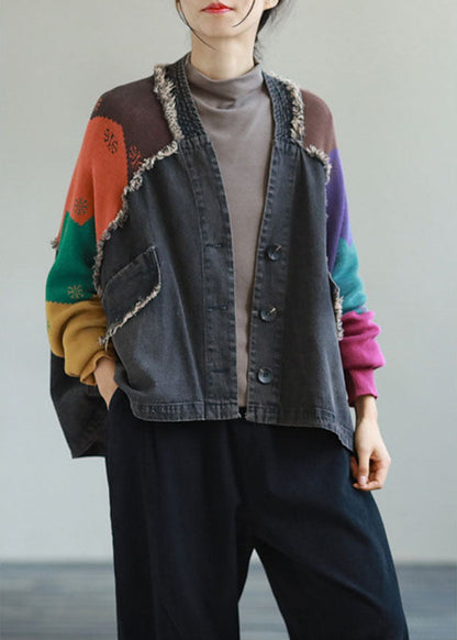 Unique Blue Denim Patchwork Knit Pockets Button Fall Coat Long Sleeve