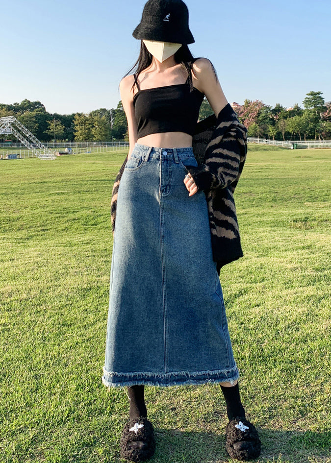 Italian Blue Pockets Tasseled High Waist Denim Skirts Summer