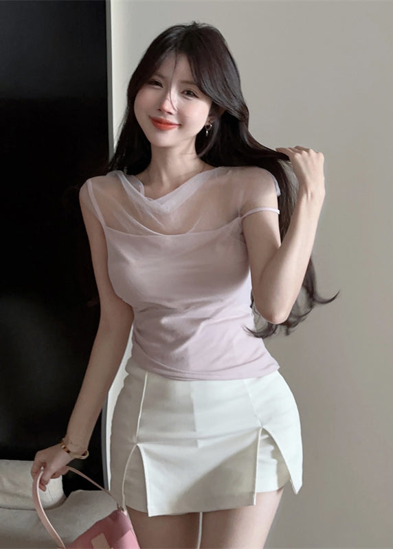 Organic Coffee Turtleneck Tulle Patchwork T Shirts Summer