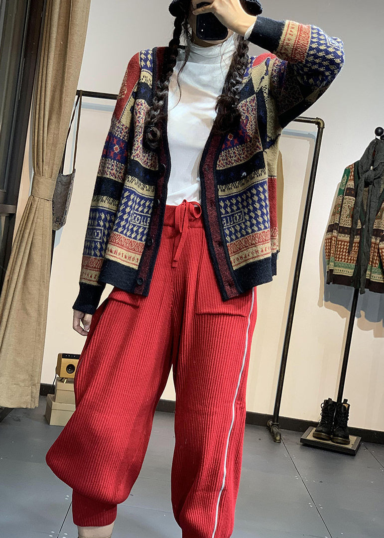 Red V Neck Print Button Knit Loose Cardigans Coat Fall