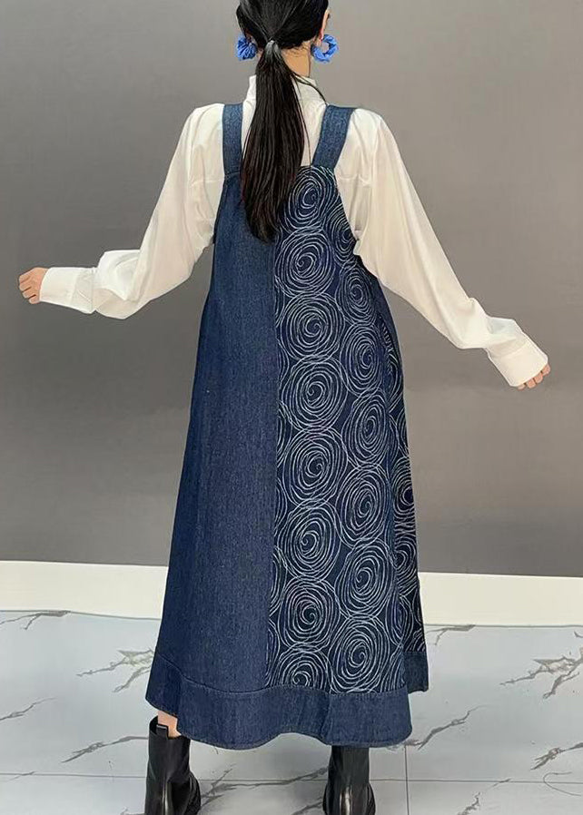 Denim Blue Slash Neck Print Long Spaghetti Strap Dress Spring