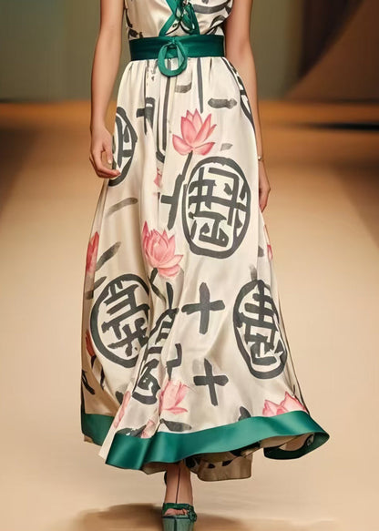 Khaki Cinched Print Silk Spaghetti Strap Dress Summer